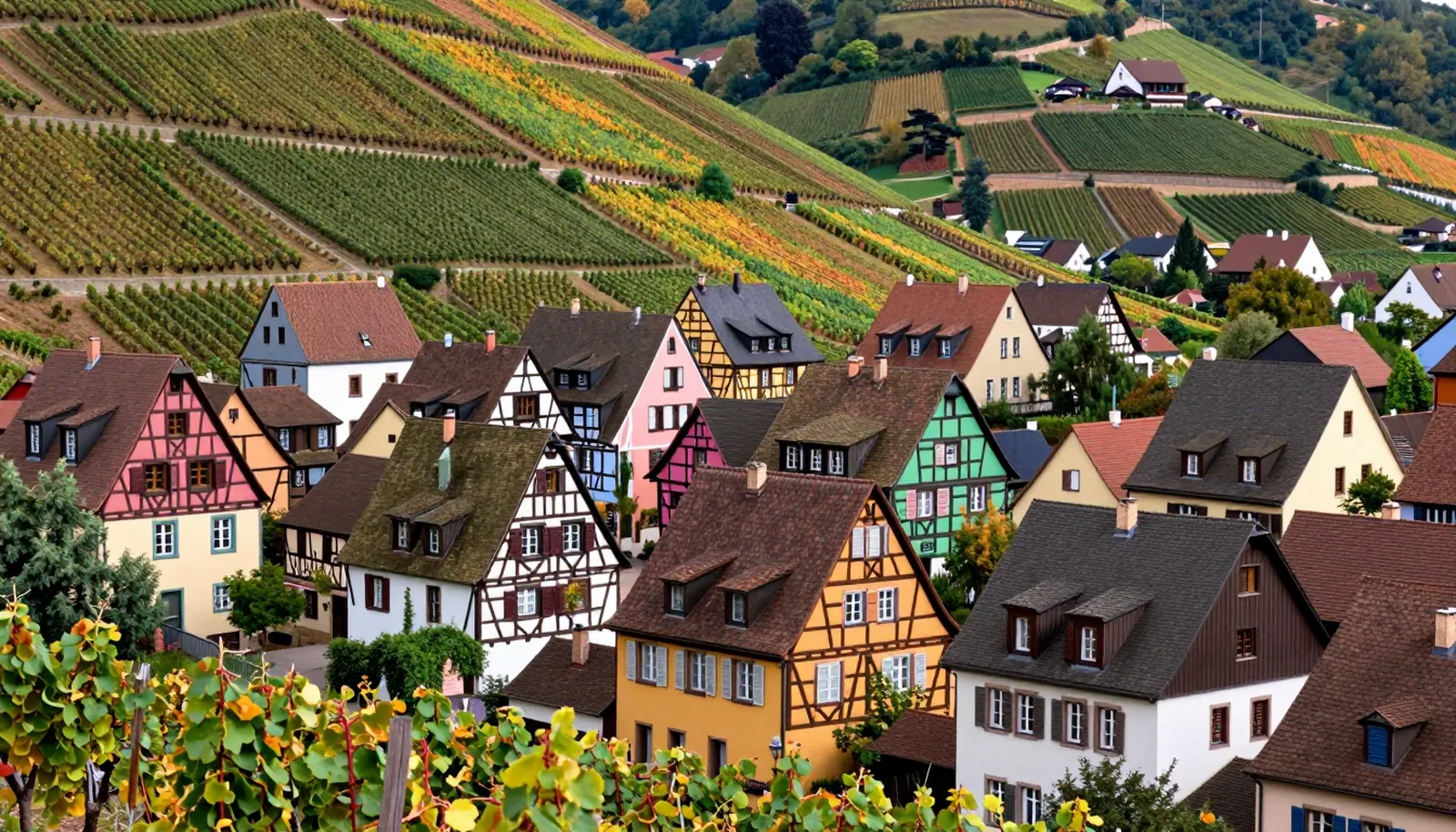 Làng nhà khung gỗ nhiều màu giữa sườn đồi trồng nho vùng Alsace