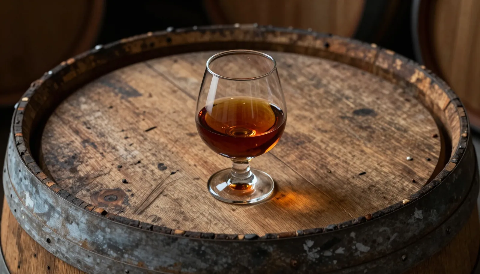Ly armagnac màu hổ phách đậm trên nắp thùng gỗ cũ