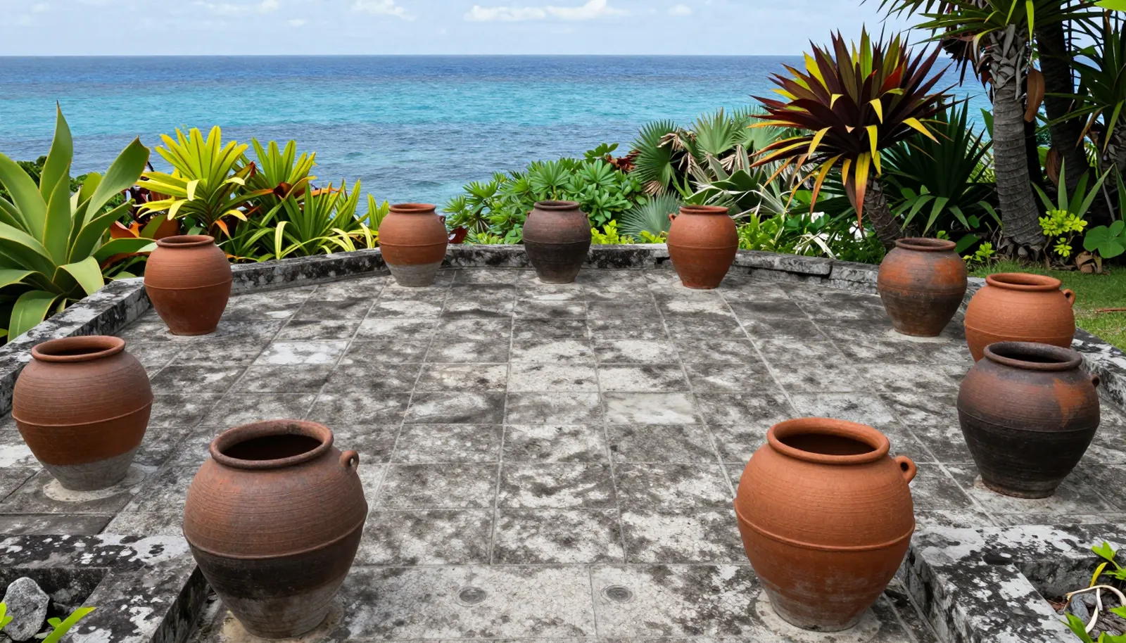Những hũ đất nung trên sân đá ở Okinawa, phía sau là biển