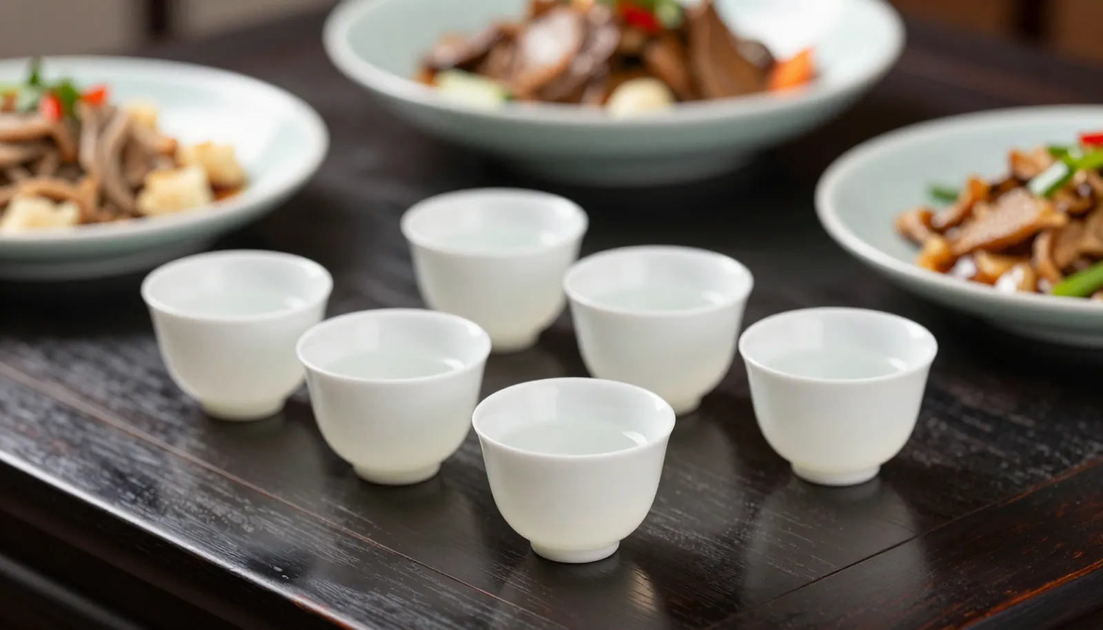 Những chén sứ nhỏ đựng bạch tửu bên các món ăn Trung Hoa