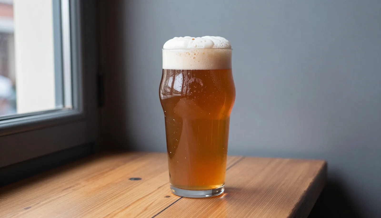 Ly pint bia ale màu hổ phách đặt bên cửa sổ quán