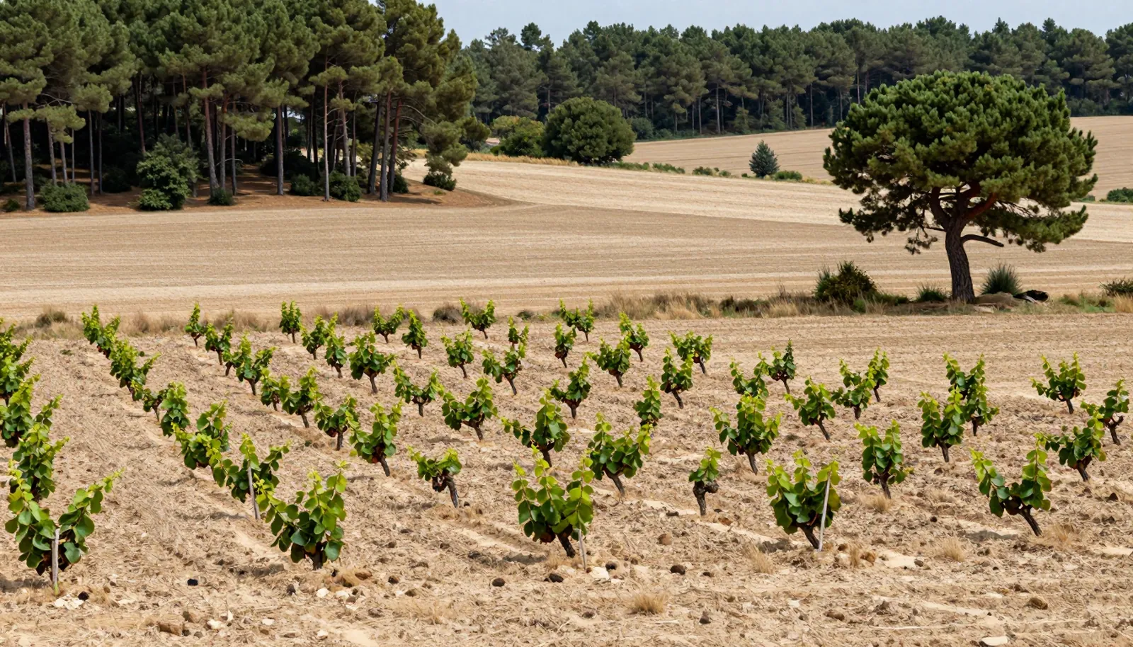 Vườn nho nhỏ trên đất cát cạnh rừng thông ở Charente