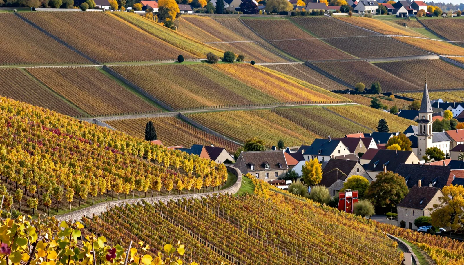 Sườn đồi nho Bourgogne mùa thu với ngôi làng nhỏ