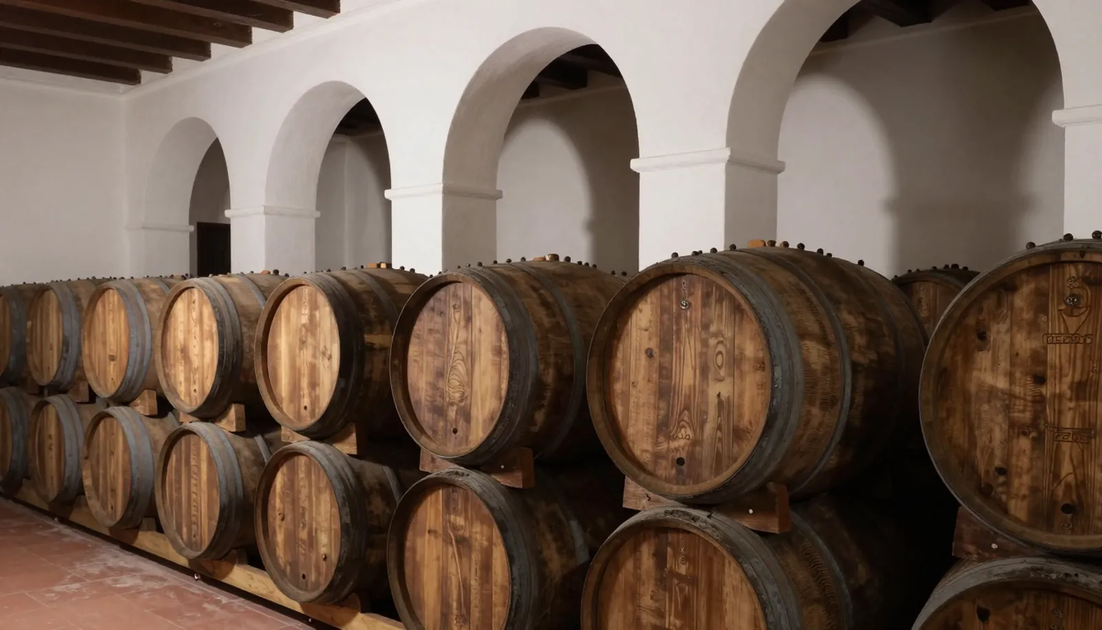 Thùng gỗ sồi xếp tầng trong một bodega quét vôi trắng ở Andalucía