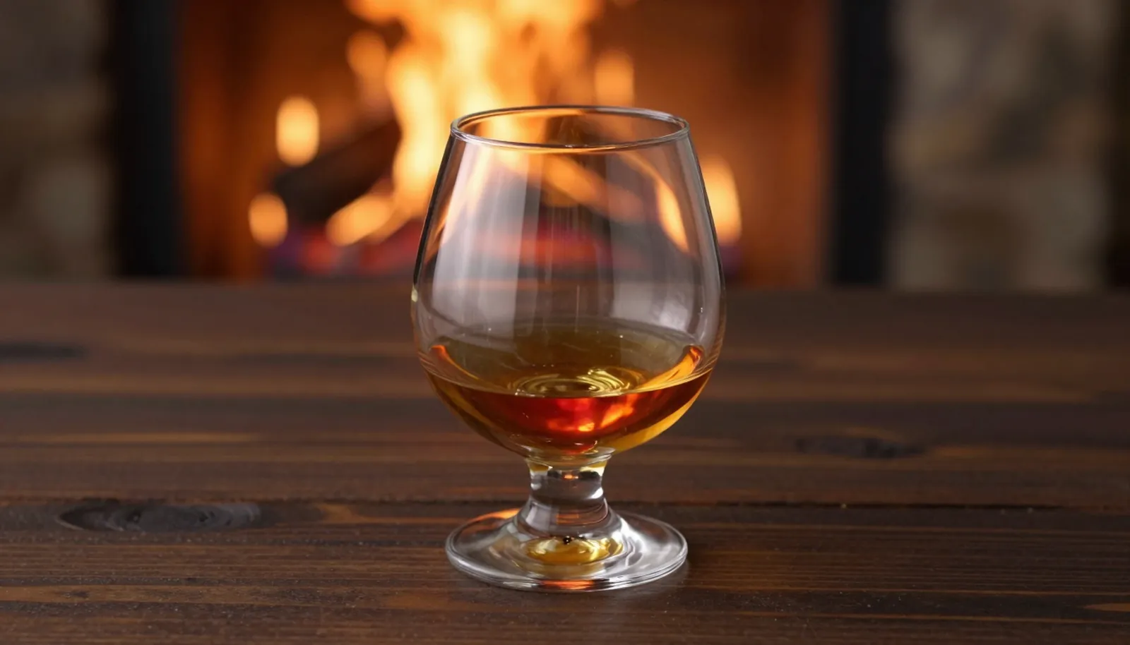 Ly brandy màu hổ phách bên ánh lửa lò sưởi