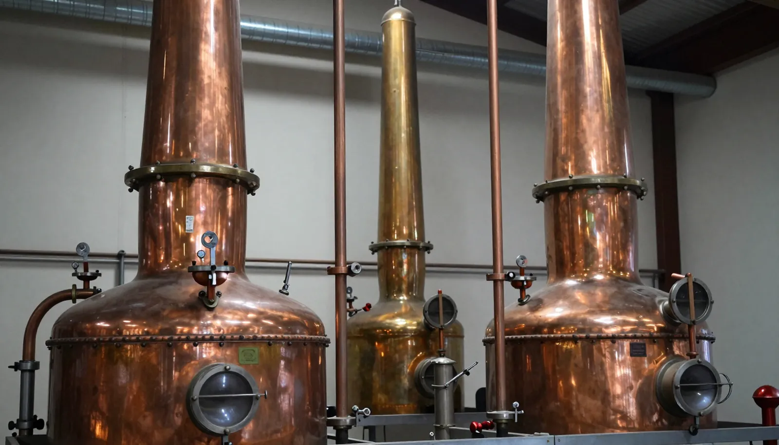 Những nồi chưng cất bằng đồng trong xưởng brandy