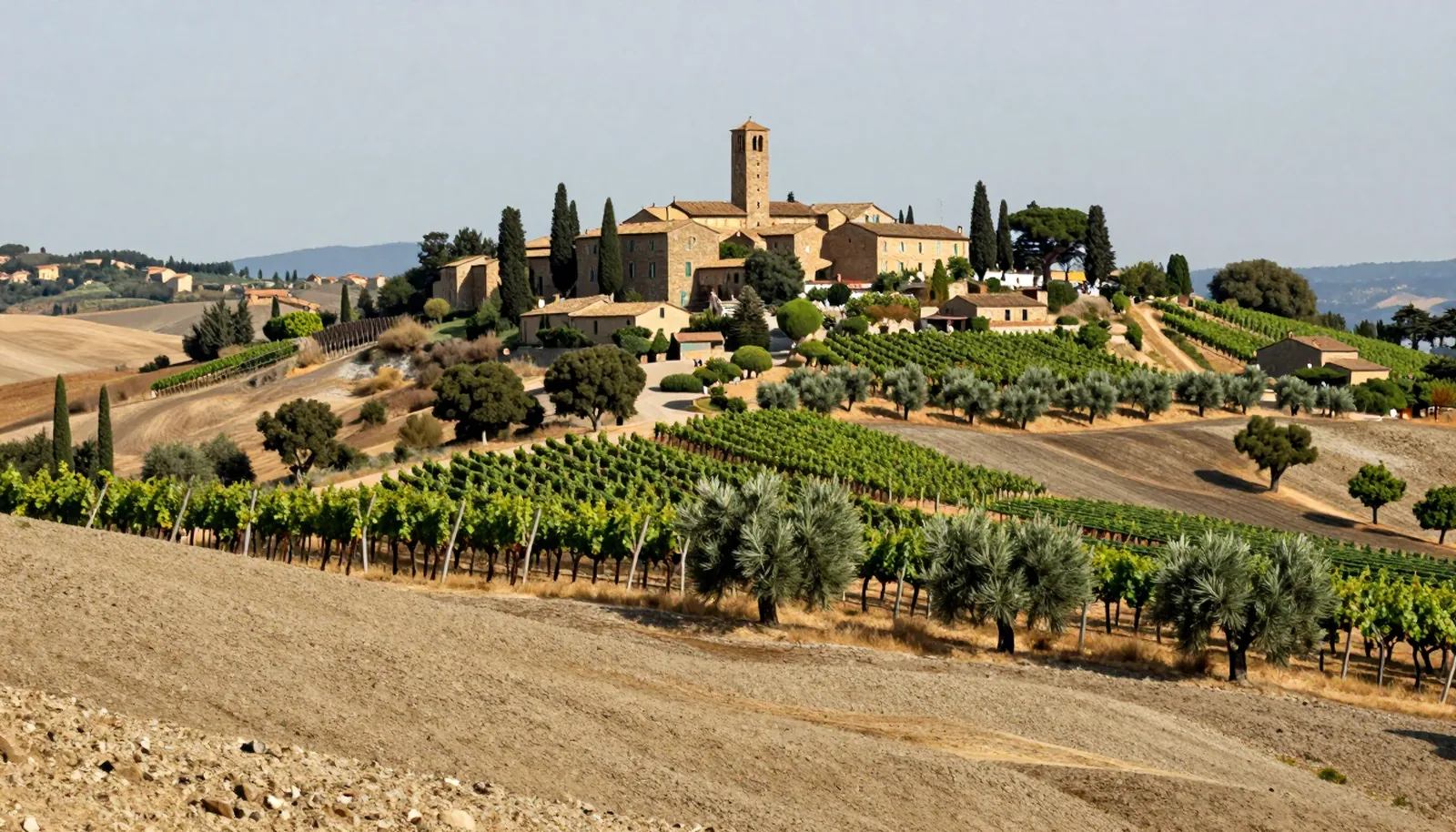 Vườn nho và ô liu dưới thị trấn trên đồi ở Toscana