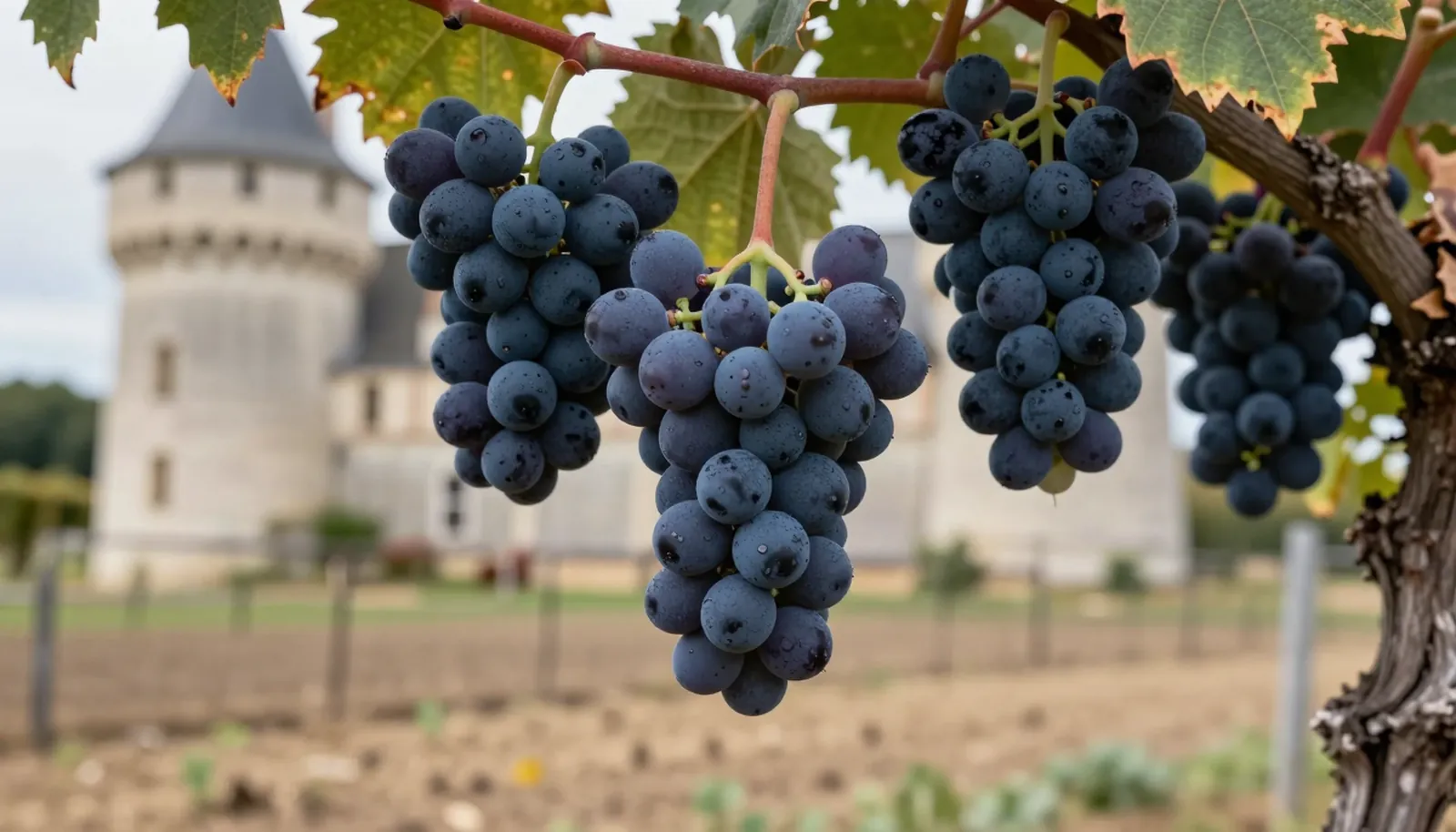Chùm nho Cabernet Franc xanh đen trên giàn, sau là tường lâu đài đá vôi