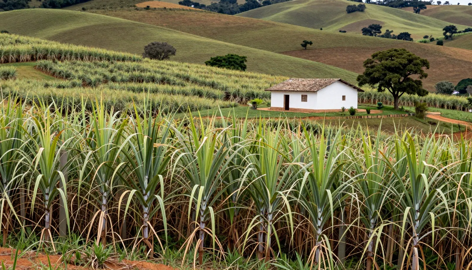 Ruộng mía trên đồi thoải và nhà trại trắng ở Minas Gerais