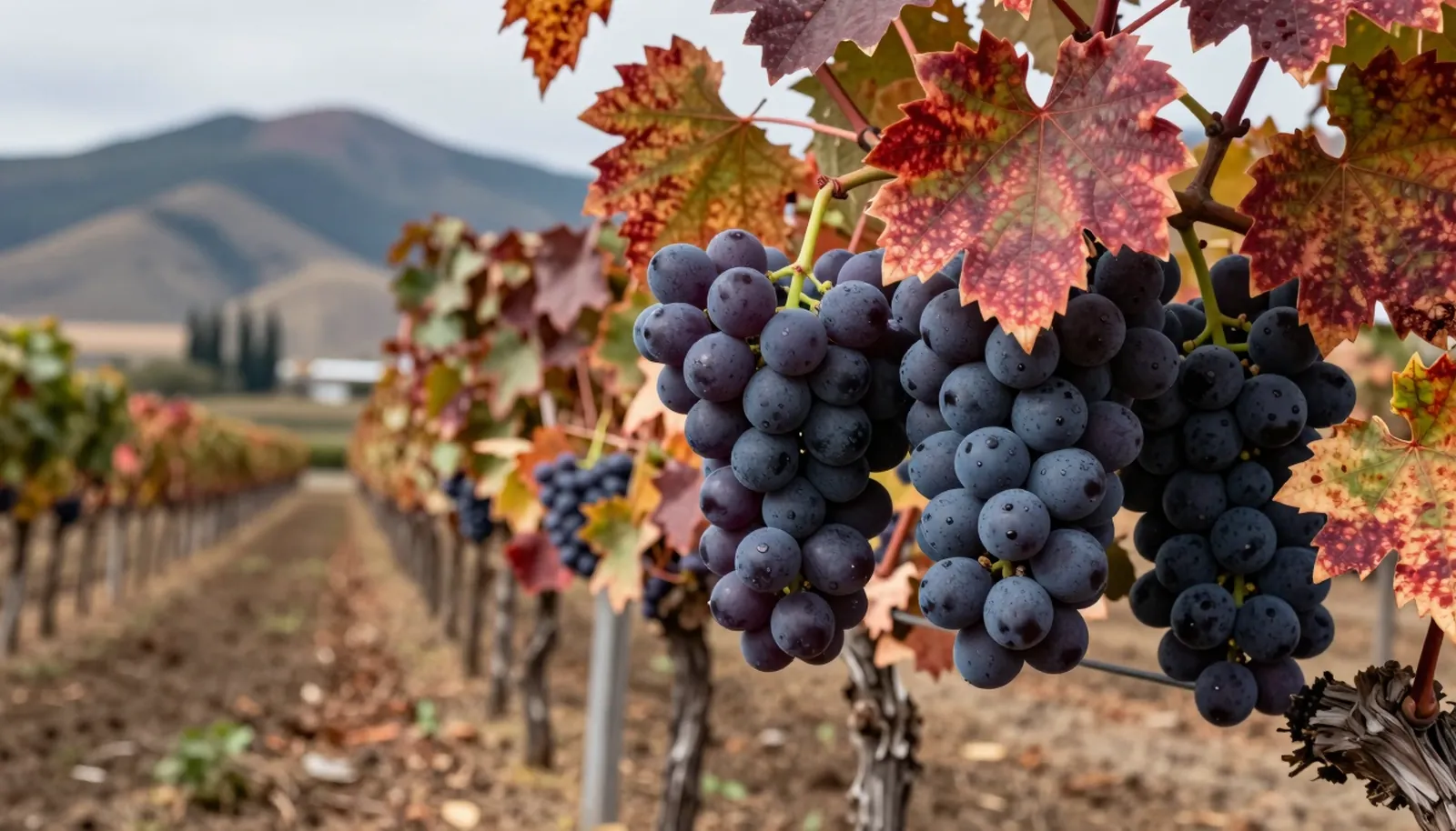 Chùm nho Carmenère tím sẫm giữa lá chuyển đỏ, xa xa là núi