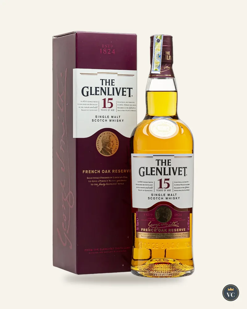 Chai The Glenlivet 15 French Oak Reserve cạnh hộp tím