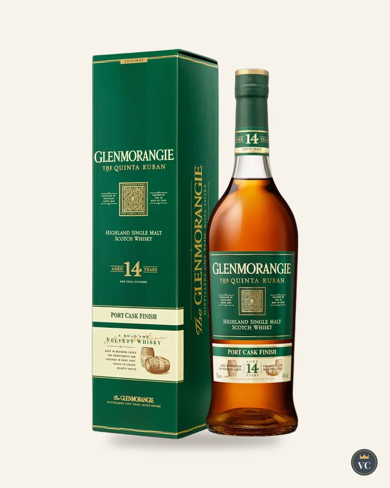 Chai Glenmorangie Quinta Ruban 14 năm cạnh hộp xanh