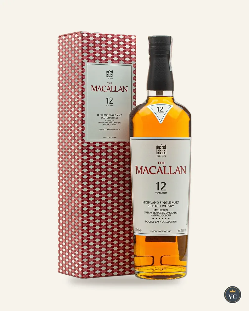 Chai The Macallan 12 Double Cask cạnh hộp đỏ trắng