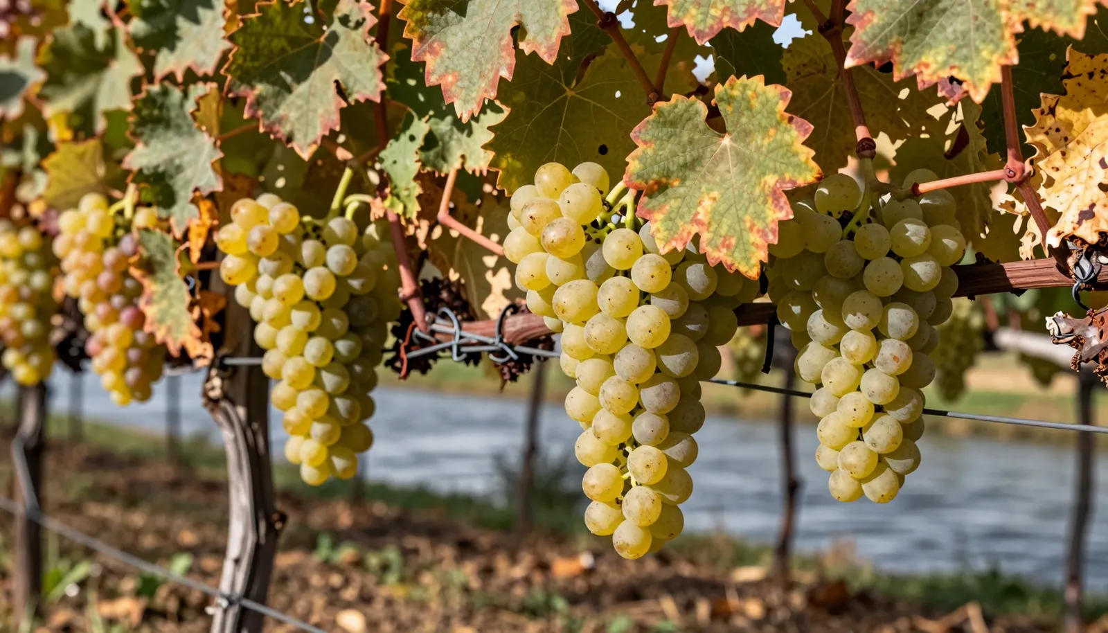 Chùm nho Chenin Blanc vàng xanh trên giàn gần bờ sông
