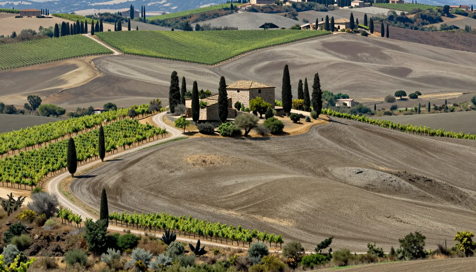 Đồi Toscana với vườn nho, hàng bách tùng và trang trại đá