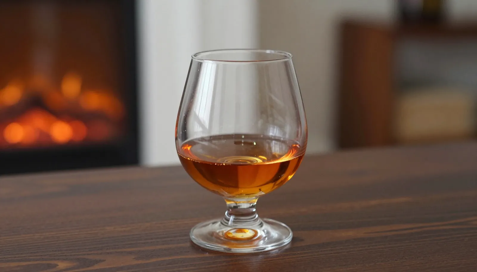 Ly cognac màu hổ phách bên ánh lửa lò sưởi