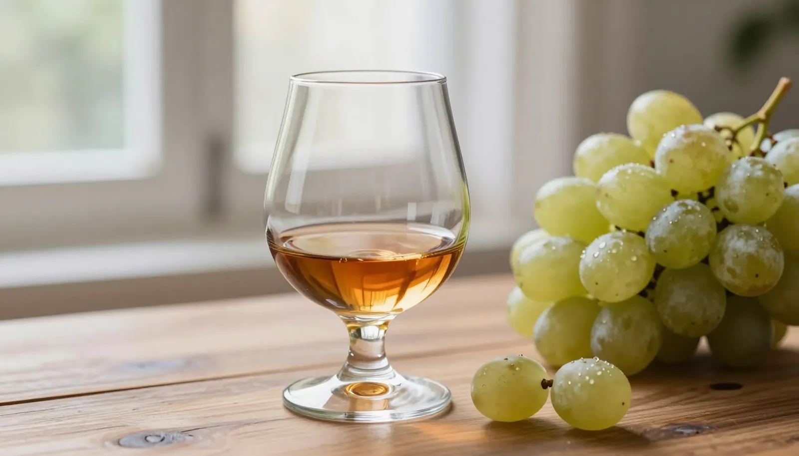 Ly cognac màu hổ phách nhạt bên chùm nho trắng