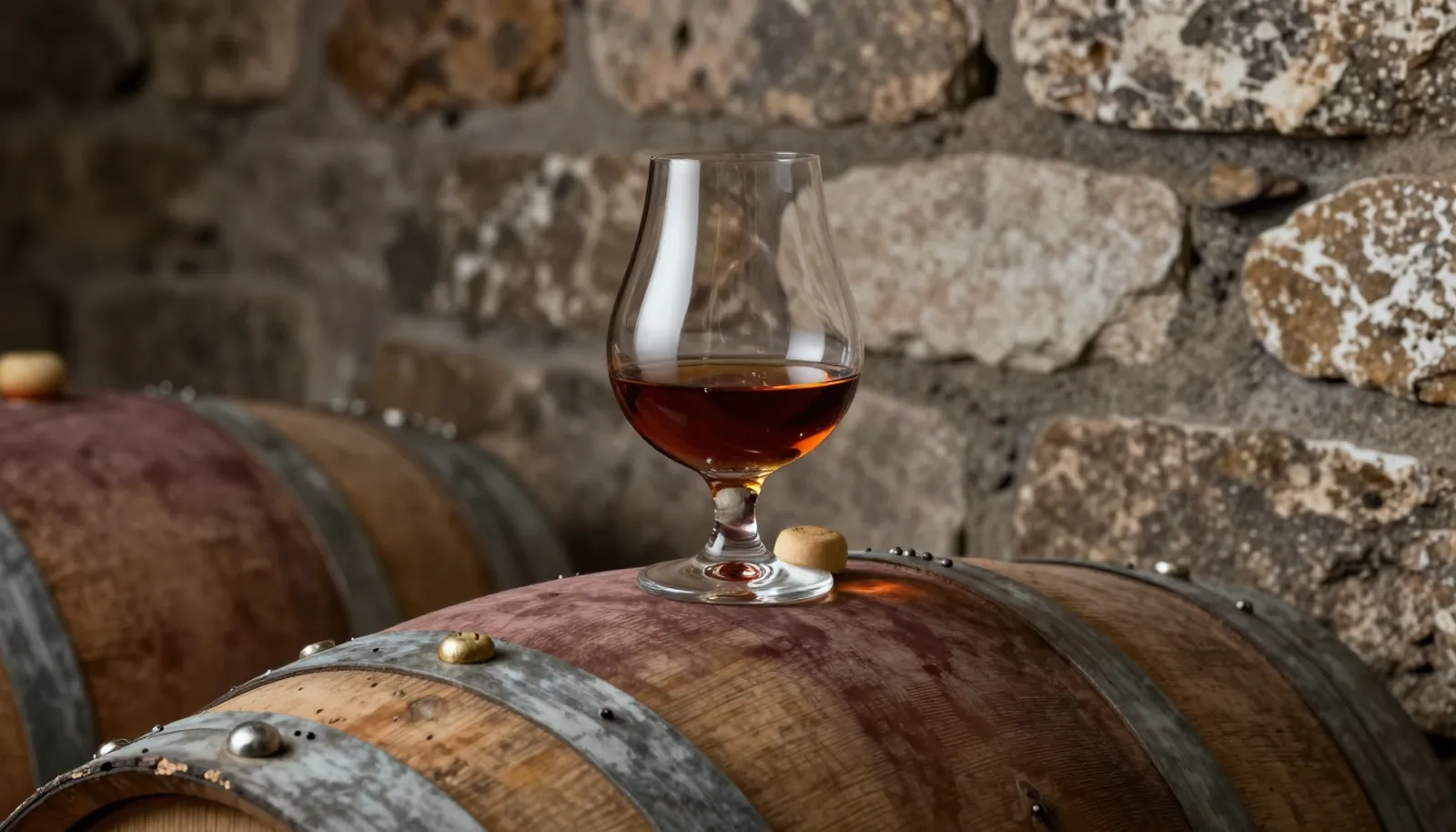 Ly cognac màu gụ đậm đặt trên mặt thùng gỗ sồi trong hầm đá