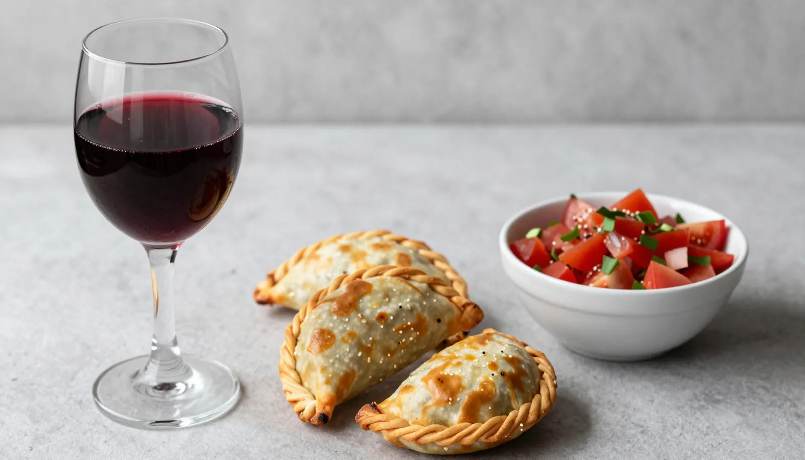 Ly vang đỏ bên bánh empanada