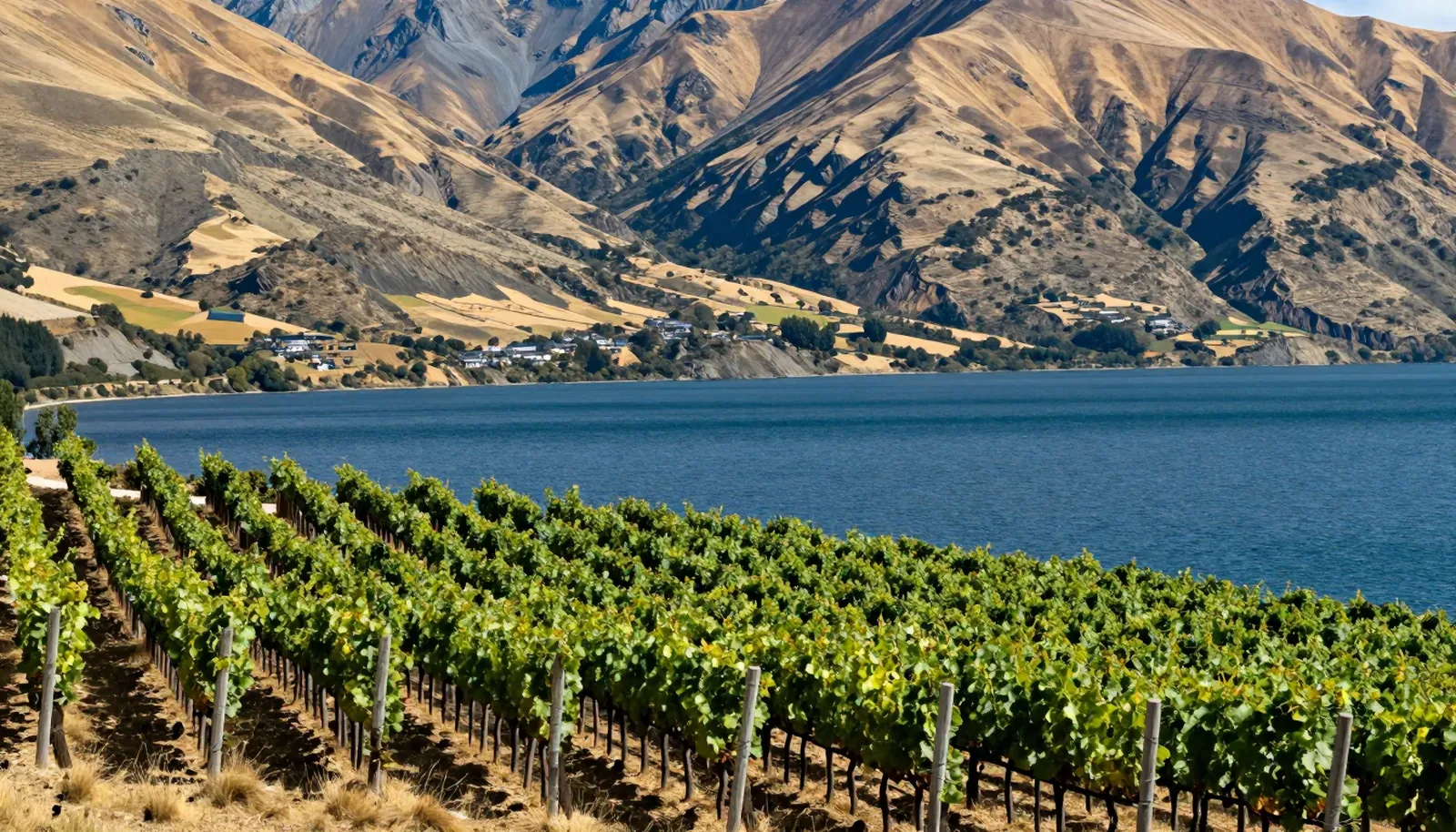 Vườn nho bên hồ xanh giữa núi khô vàng ở Central Otago