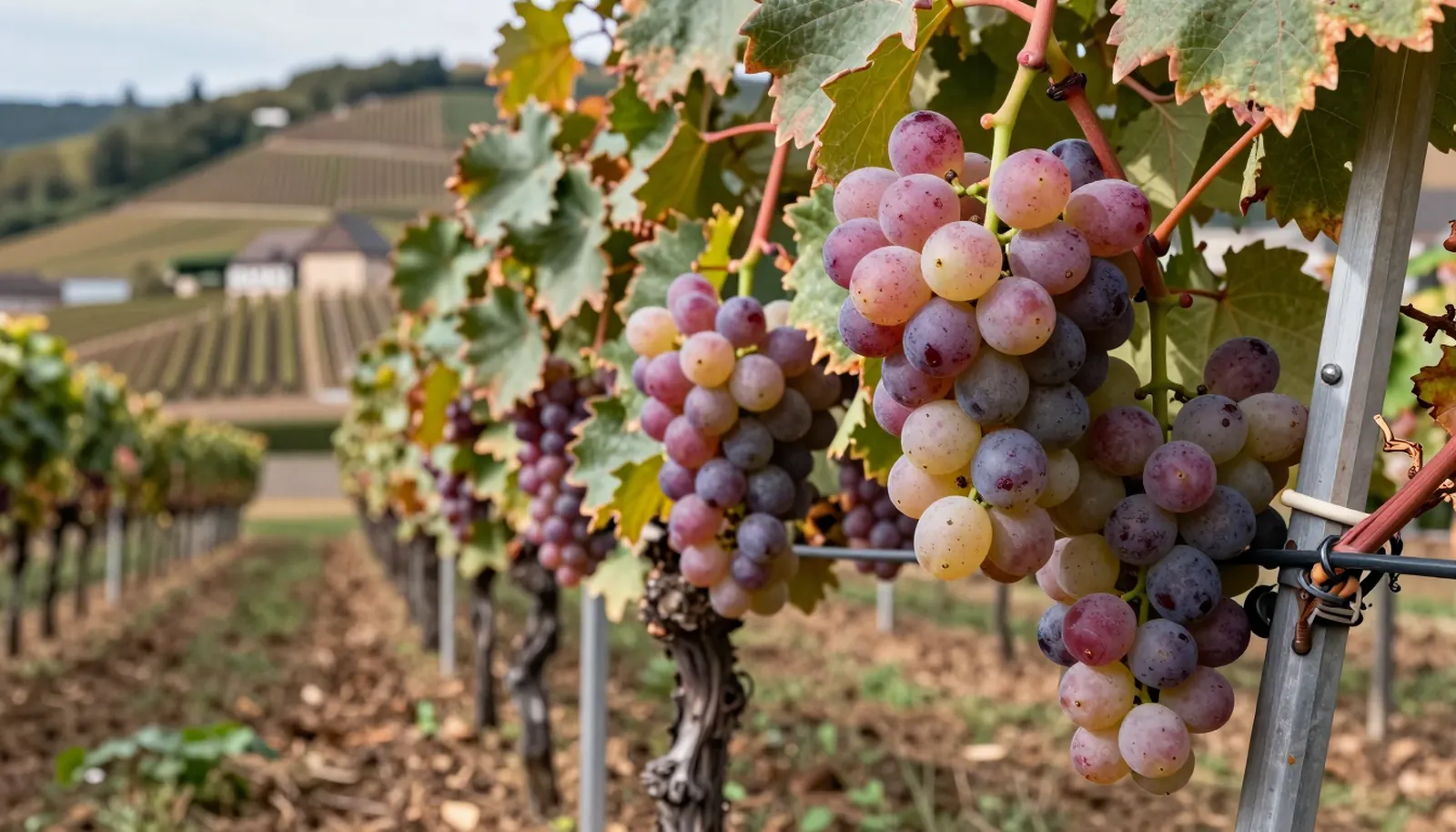 Chùm nho Gewürztraminer vỏ hồng trên giàn, sau là đồi nho