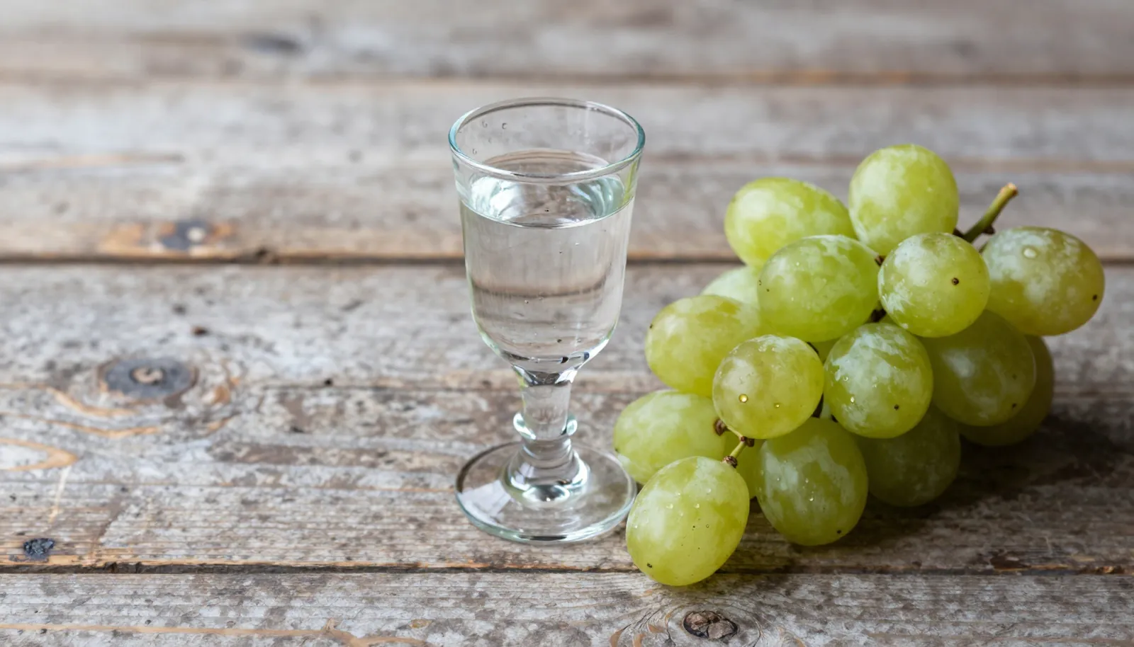 Ly grappa trong suốt bên chùm nho trên bàn gỗ