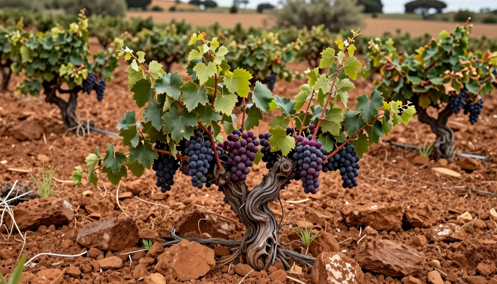 Gốc nho Grenache già trồng kiểu bụi trên đất đá đỏ