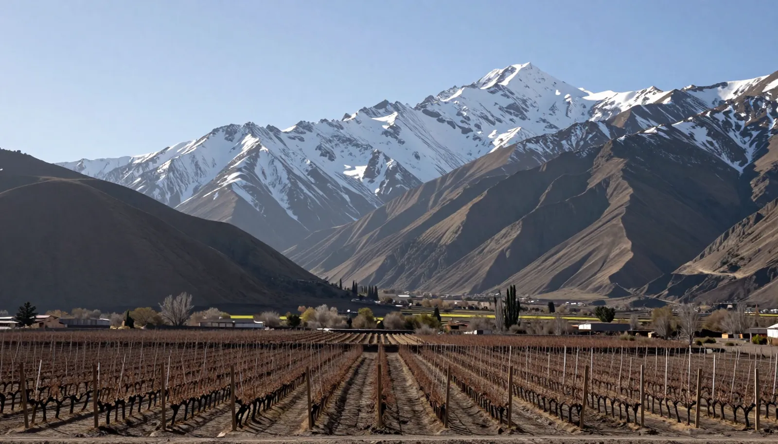 Vườn nho dưới chân dãy Andes phủ tuyết ở thung lũng Maipo