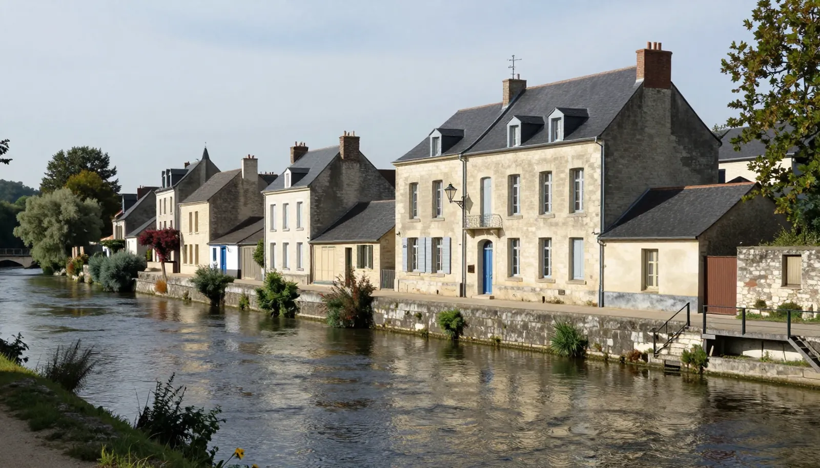 Dãy nhà đá màu kem ven sông ở một thị trấn vùng Charente