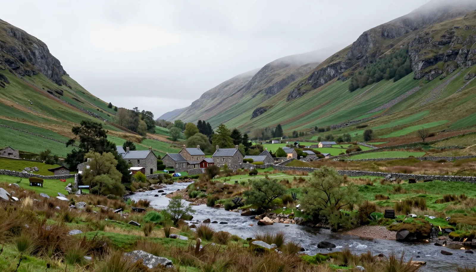 Thung lũng xanh có suối và nhà đá giữa đồi ở Scotland