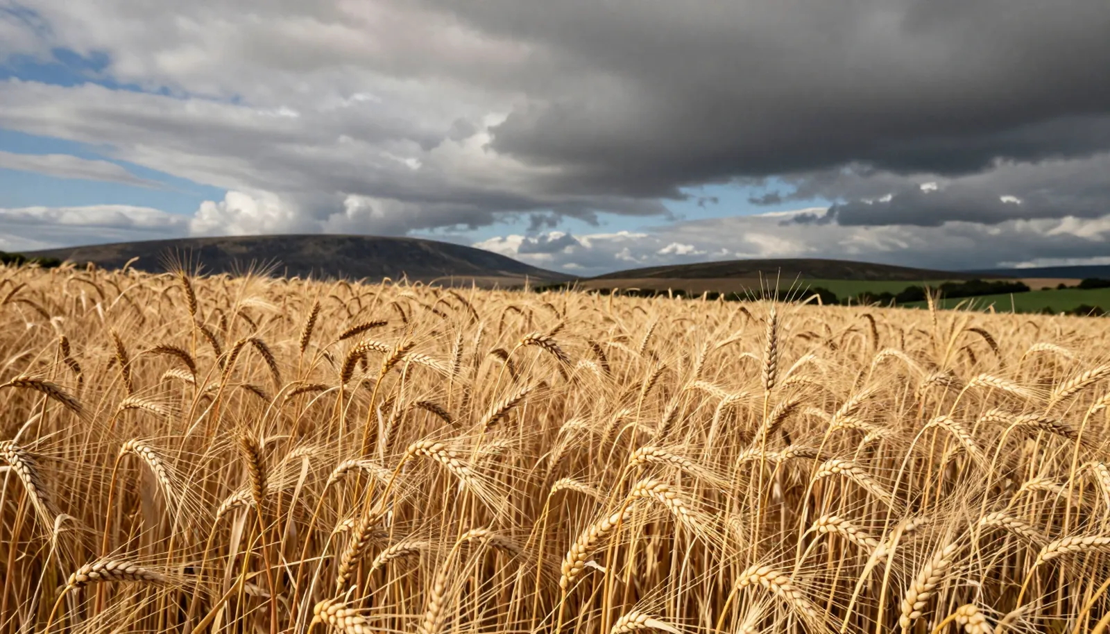 Cánh đồng lúa chín vàng dưới bầu trời nhiều mây ở Scotland