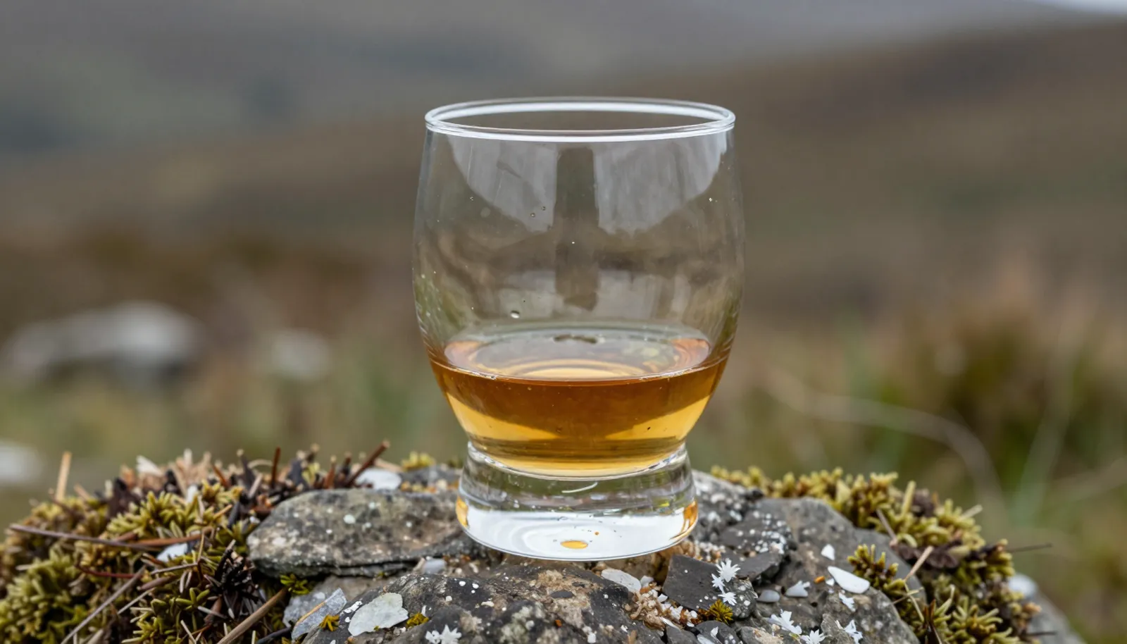 Ly whisky hổ phách đặt trên tảng đá phủ rêu