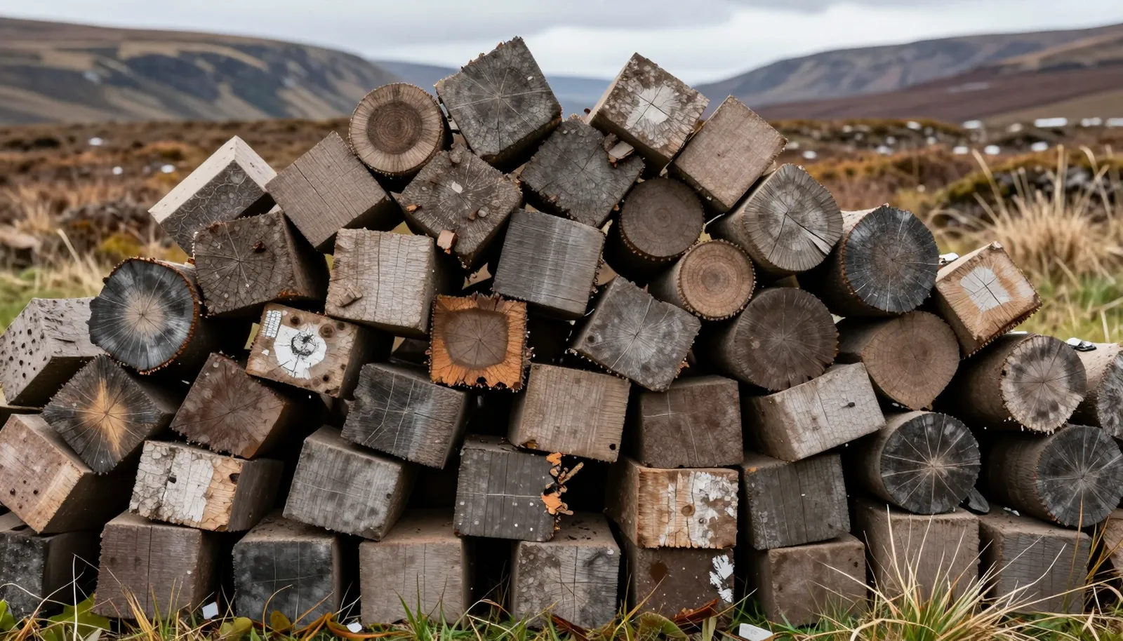 Những khối than bùn cắt xếp chồng trên đồng hoang Scotland