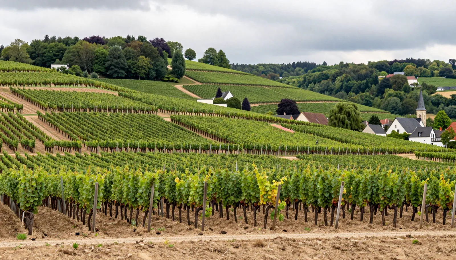 Vườn nho trên sườn bắc Montagne de Reims cạnh một ngôi làng