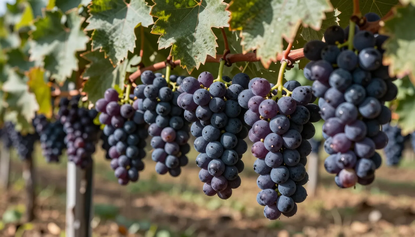 Chùm nho Malbec tím sẫm dưới nắng ở vườn nho trên cao