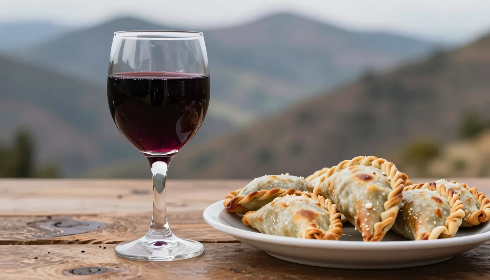 Ly Malbec bên đĩa bánh empanada, phía sau là núi