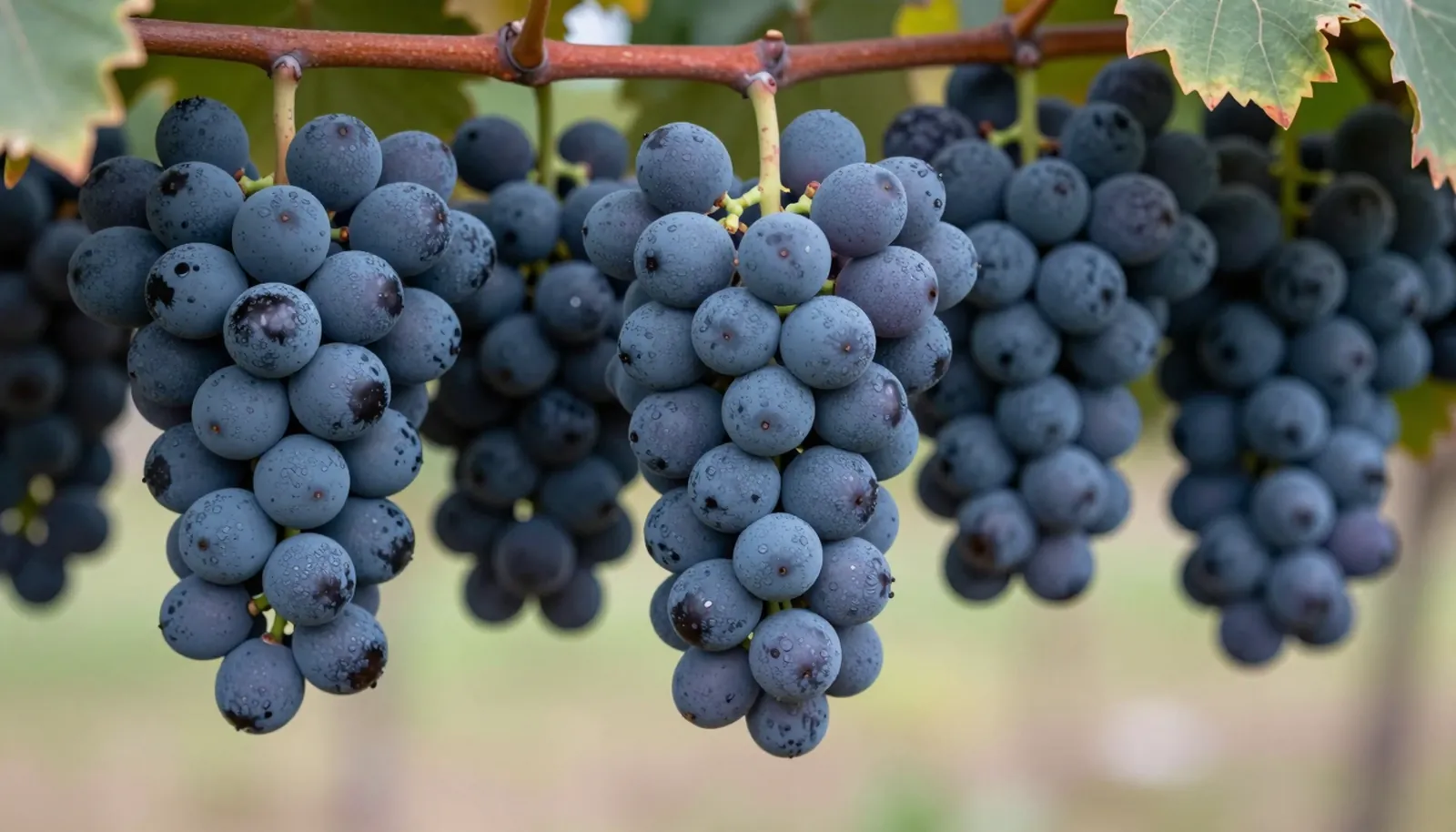 Chùm nho Merlot căng tròn màu xanh đen cuối hè