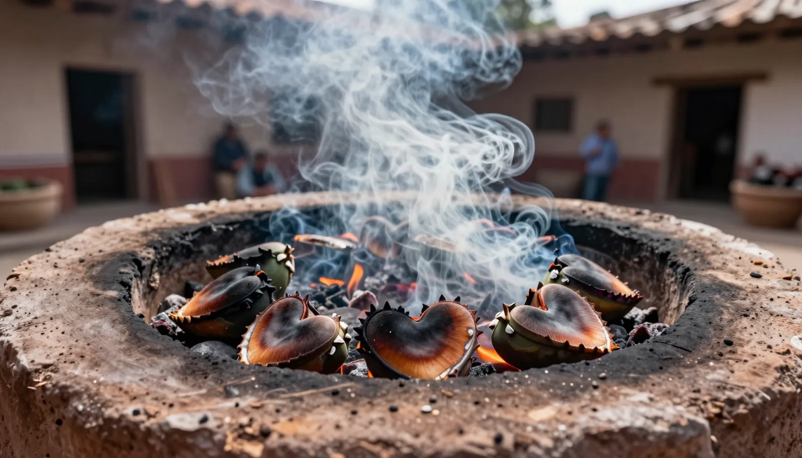 Lõi agave nướng trong lò hố đất bốc khói ở một ngôi làng Oaxaca