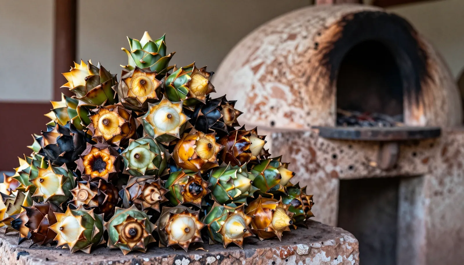 Đống lõi agave đã nướng bên lò đất ở Oaxaca