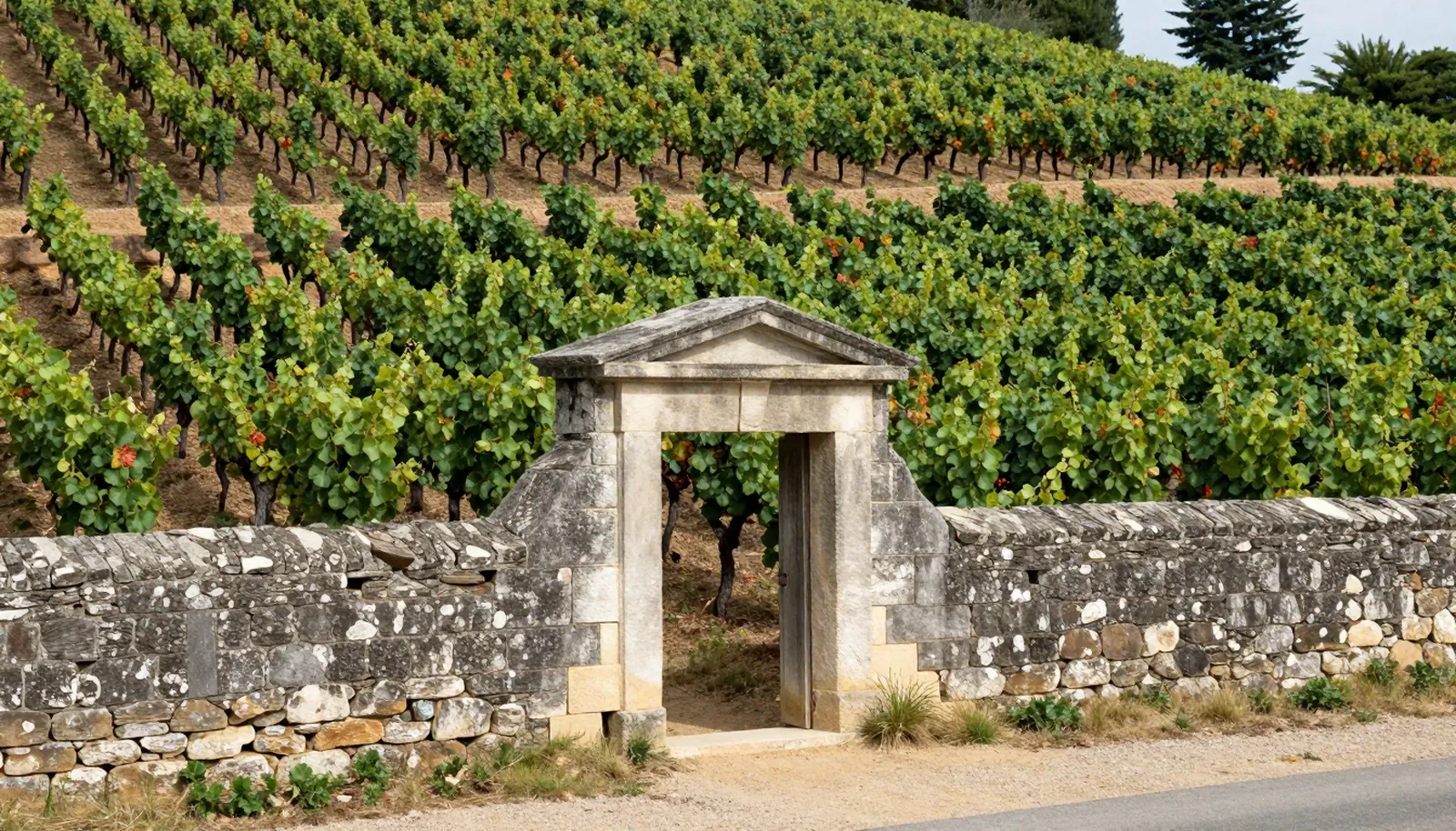 Vườn nho có tường đá và cổng đá cũ ở Côte de Beaune