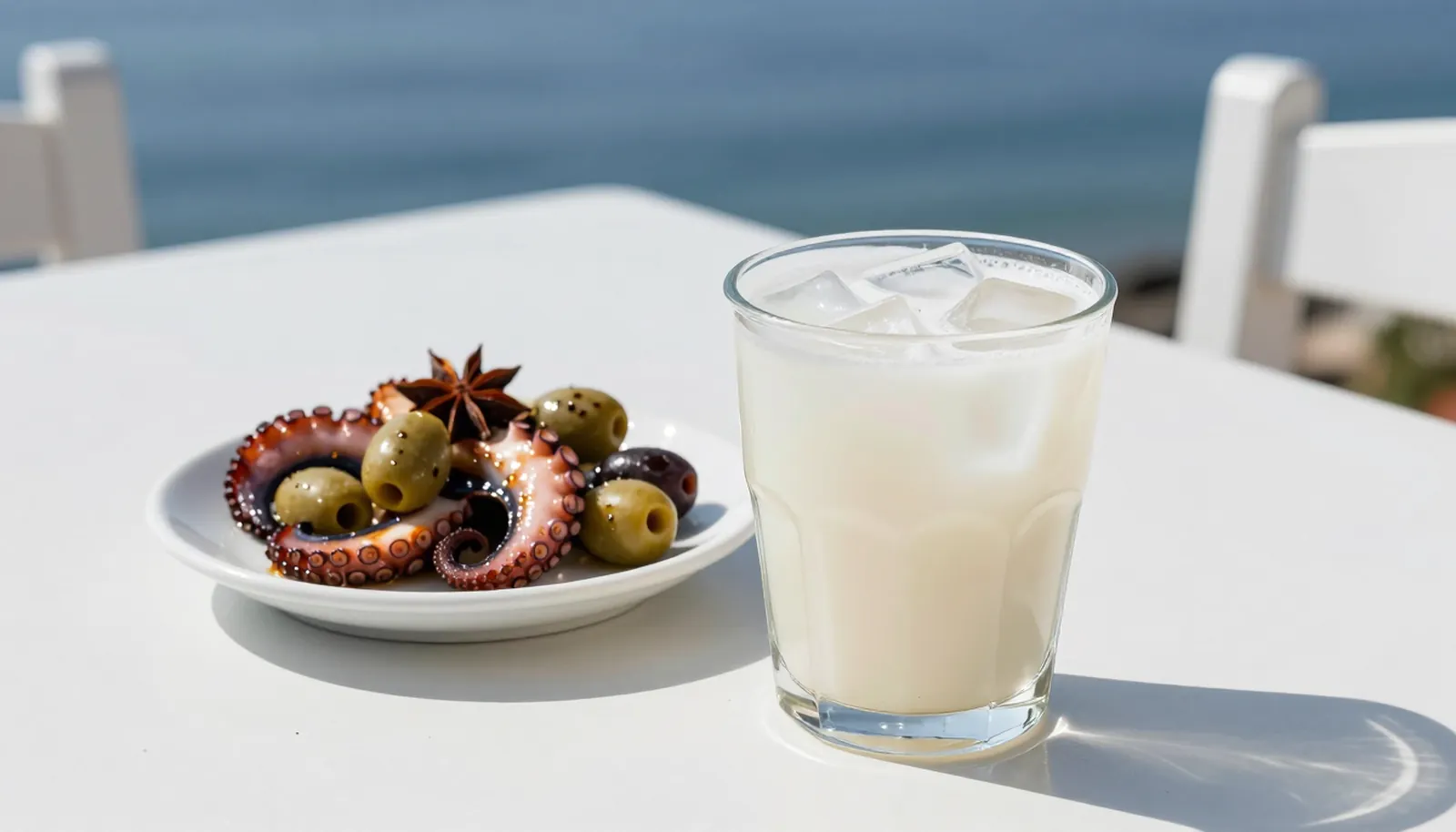 Ly ouzo pha nước chuyển màu trắng đục cạnh đĩa bạch tuộc nướng