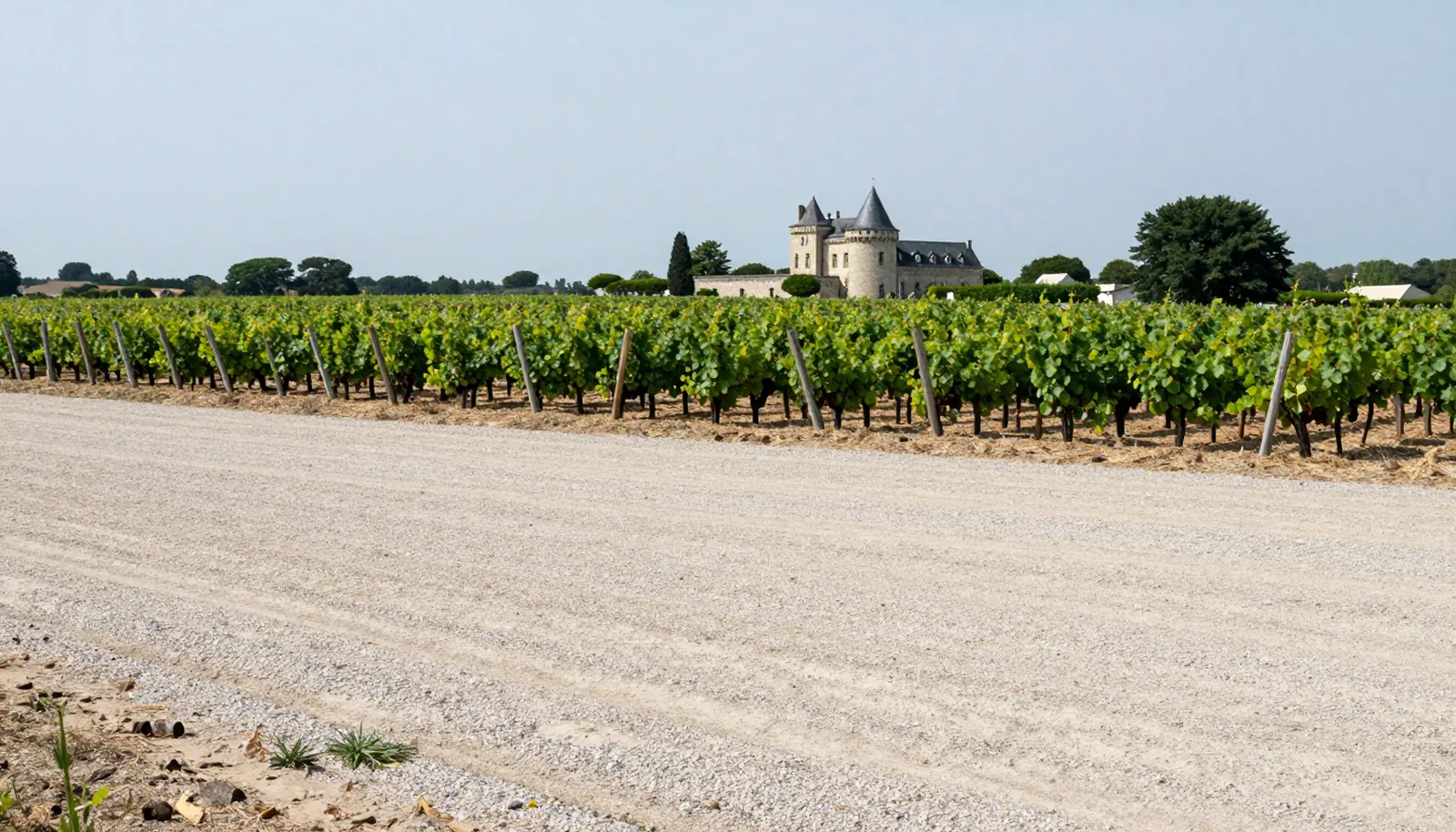 Vườn nho trên nền sỏi phẳng ở Médoc, xa xa là một lâu đài