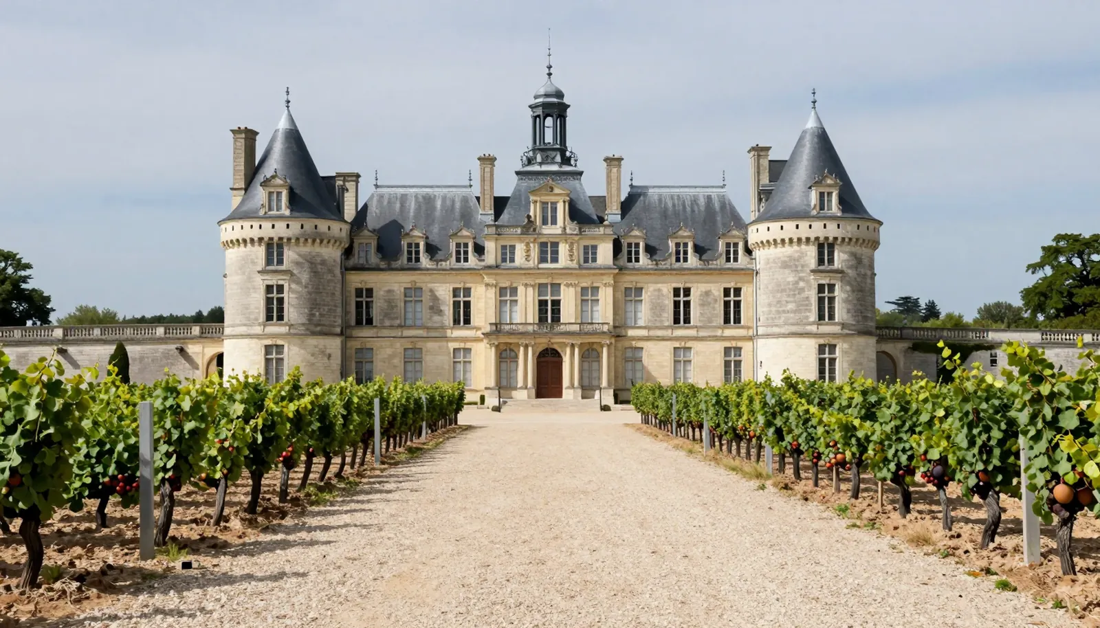 Một lâu đài đá cổ điển với vườn nho đất sỏi phía trước ở vùng Médoc