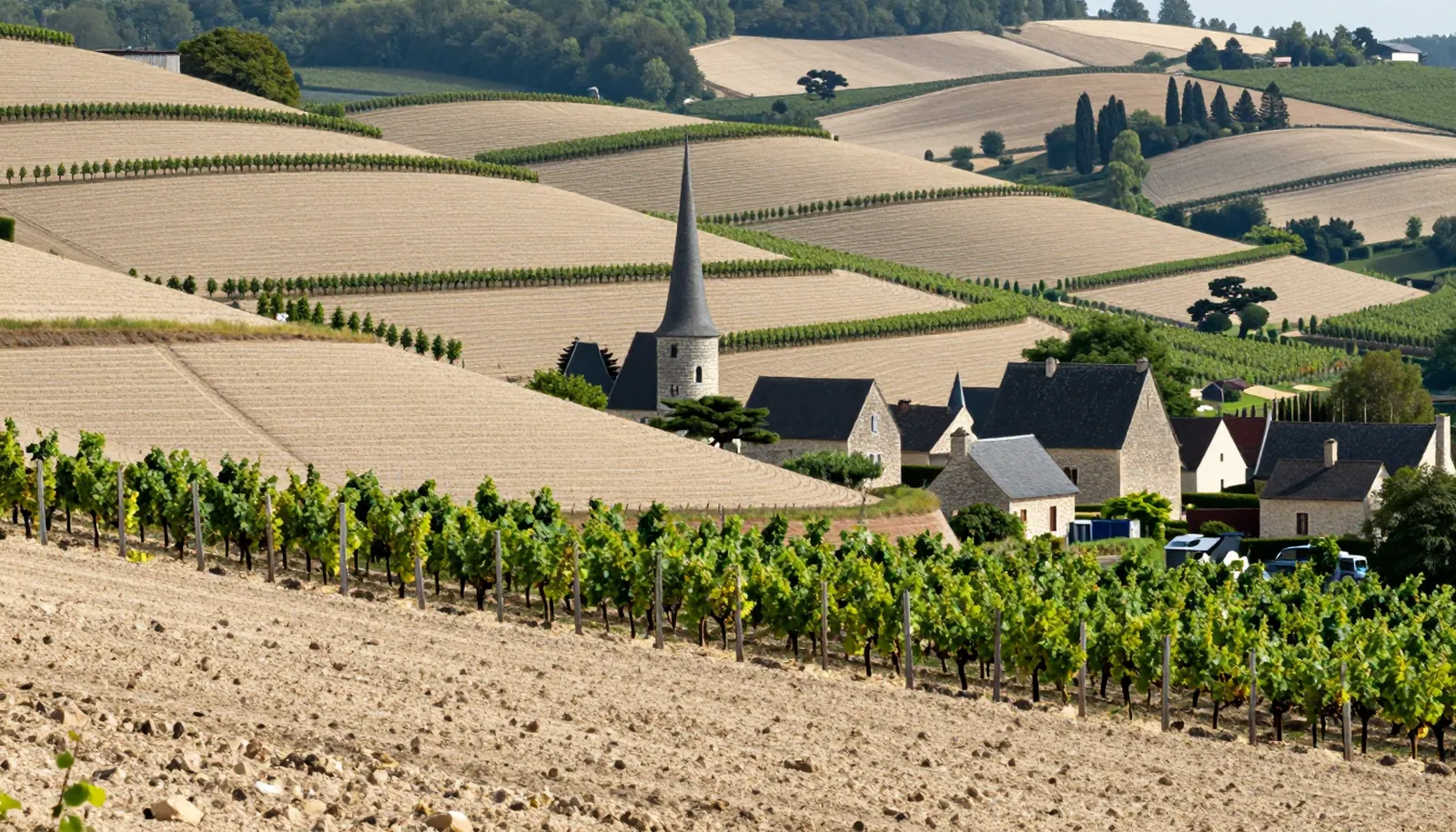 Sườn đồi nho đất phấn phía trên một ngôi làng đá ở vùng Champagne