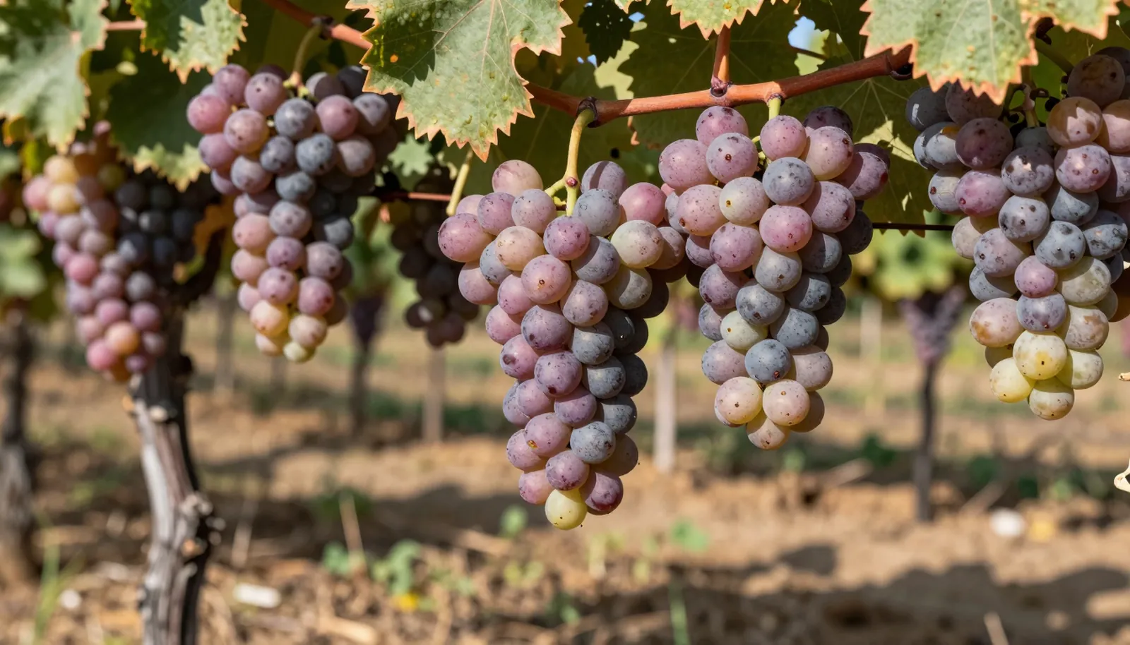 Chùm nho Pinot Gris vỏ hồng xám trên giàn