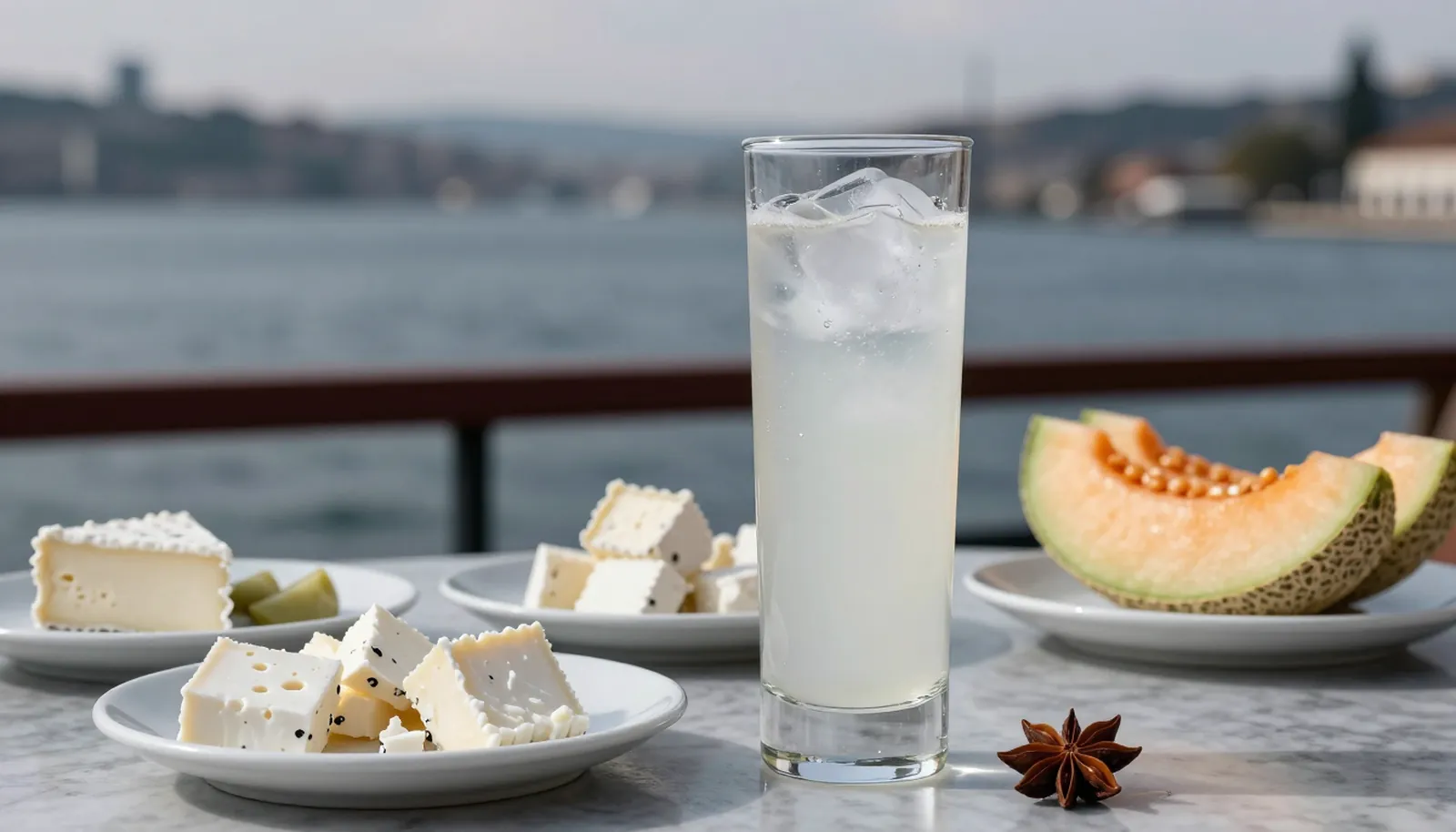 Ly rakı pha nước cạnh đĩa phô mai trắng và dưa vàng bên eo biển