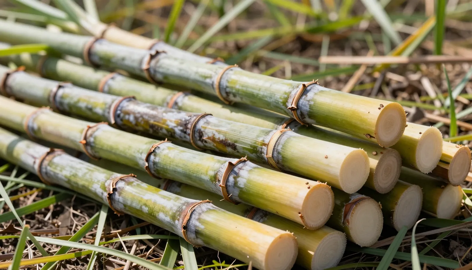 Những cây mía vừa cắt xếp trên cánh đồng