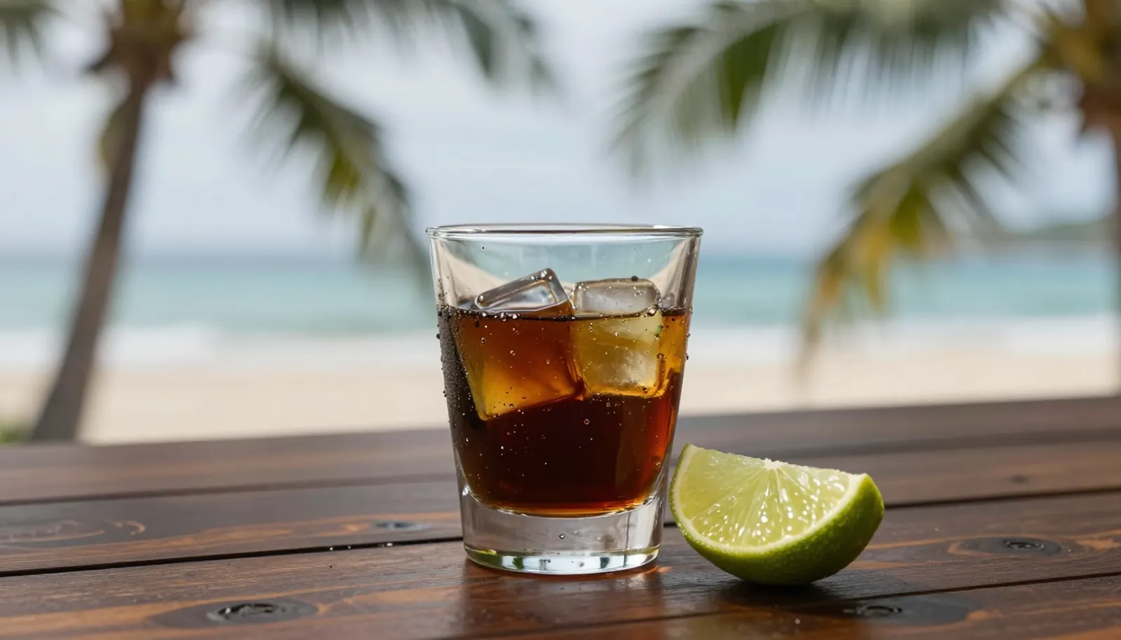 Ly rum đen bên lát chanh trên bàn gỗ cạnh bãi biển