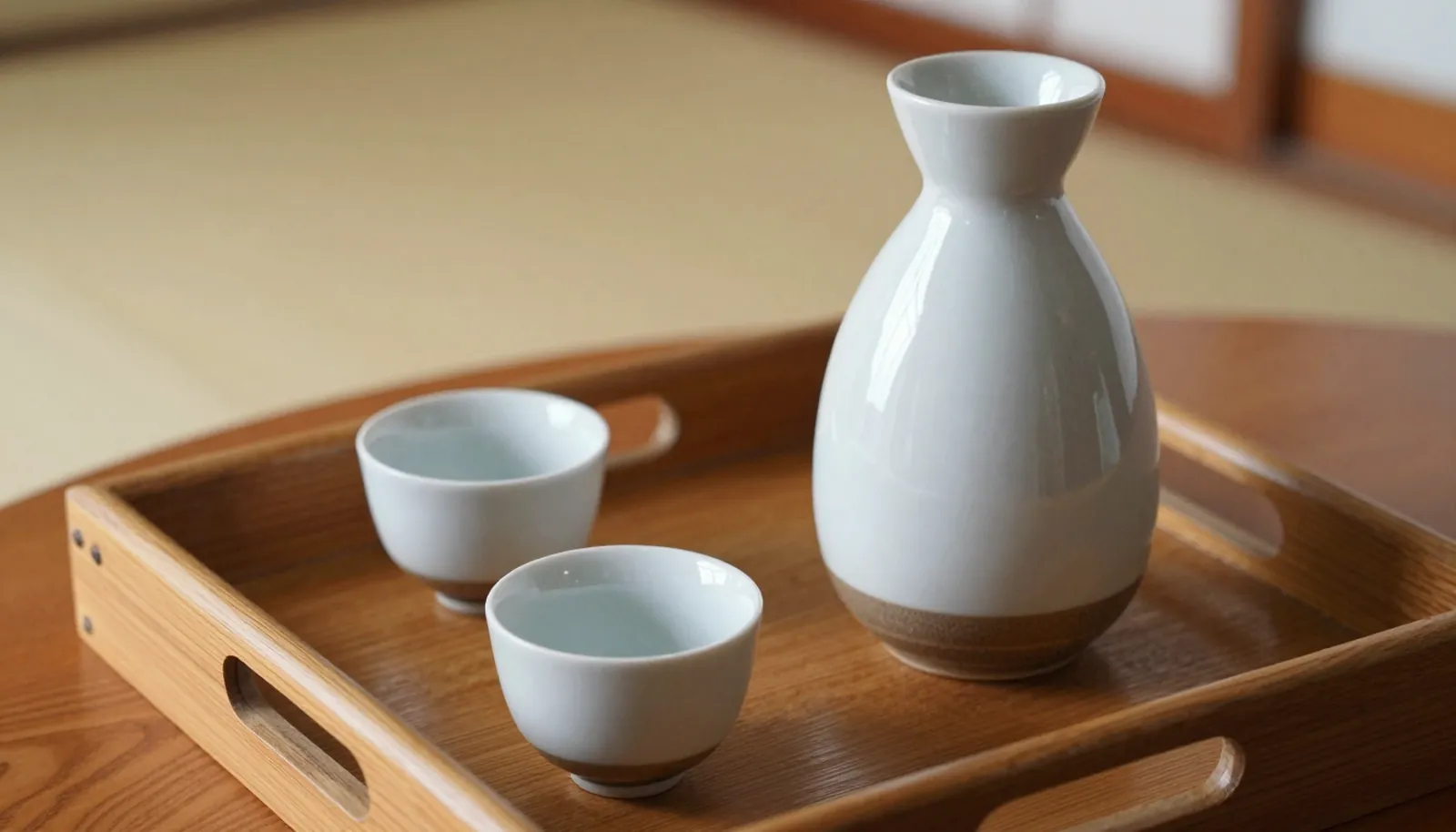 Bình tokkuri và chén sake trên khay gỗ