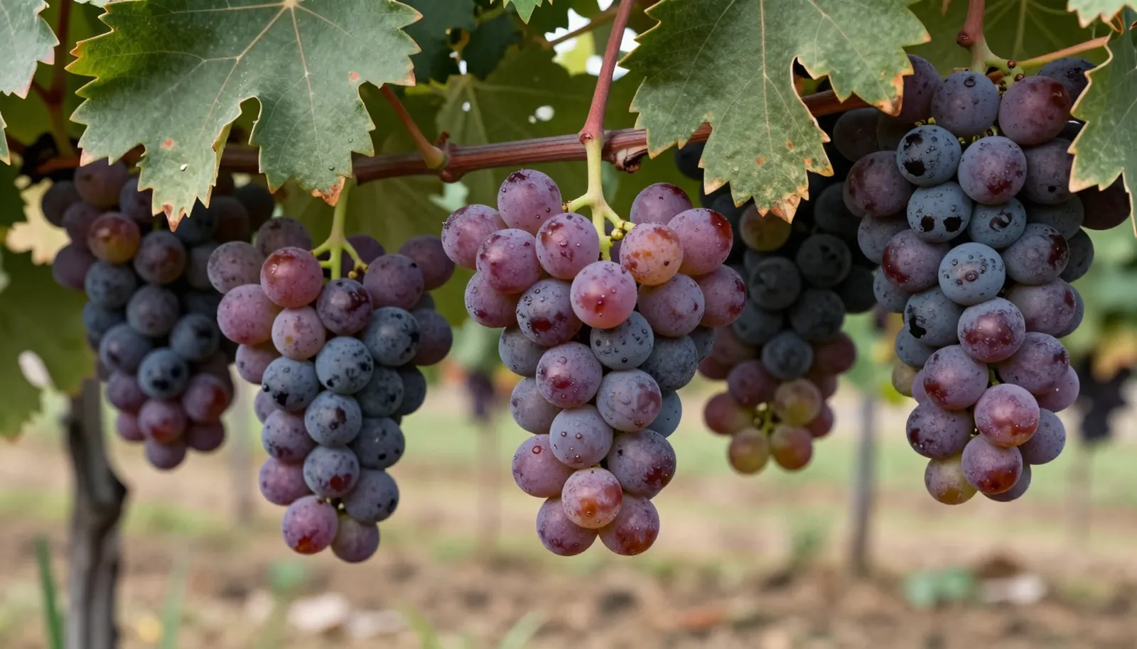 Chùm nho Sangiovese đỏ tím trong vườn nho Tuscany